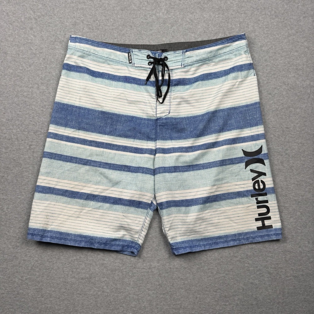 Hurley Board Shorts Men's 36 Blue White Swim Trunks Drawstring Logo Pocket Surf